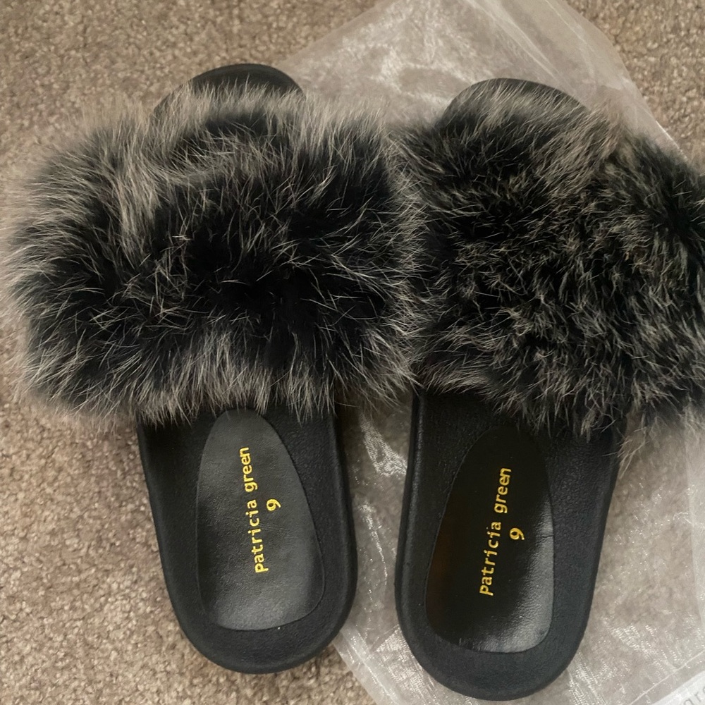 Patricia Green Black and Gray Fur Slippers